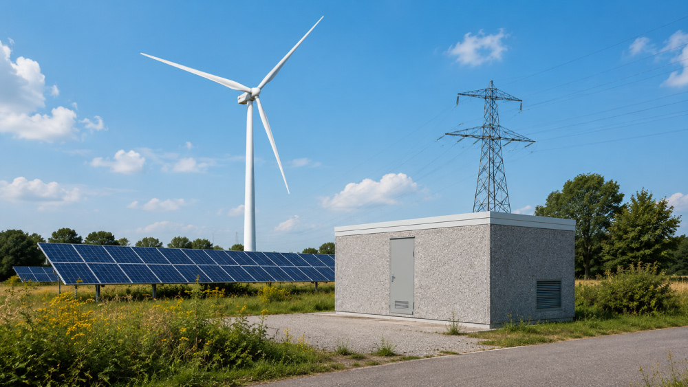 Betonnen energiestation bij zonnepanelen, windmolen en hoogspanningsmast in een groen landschap.